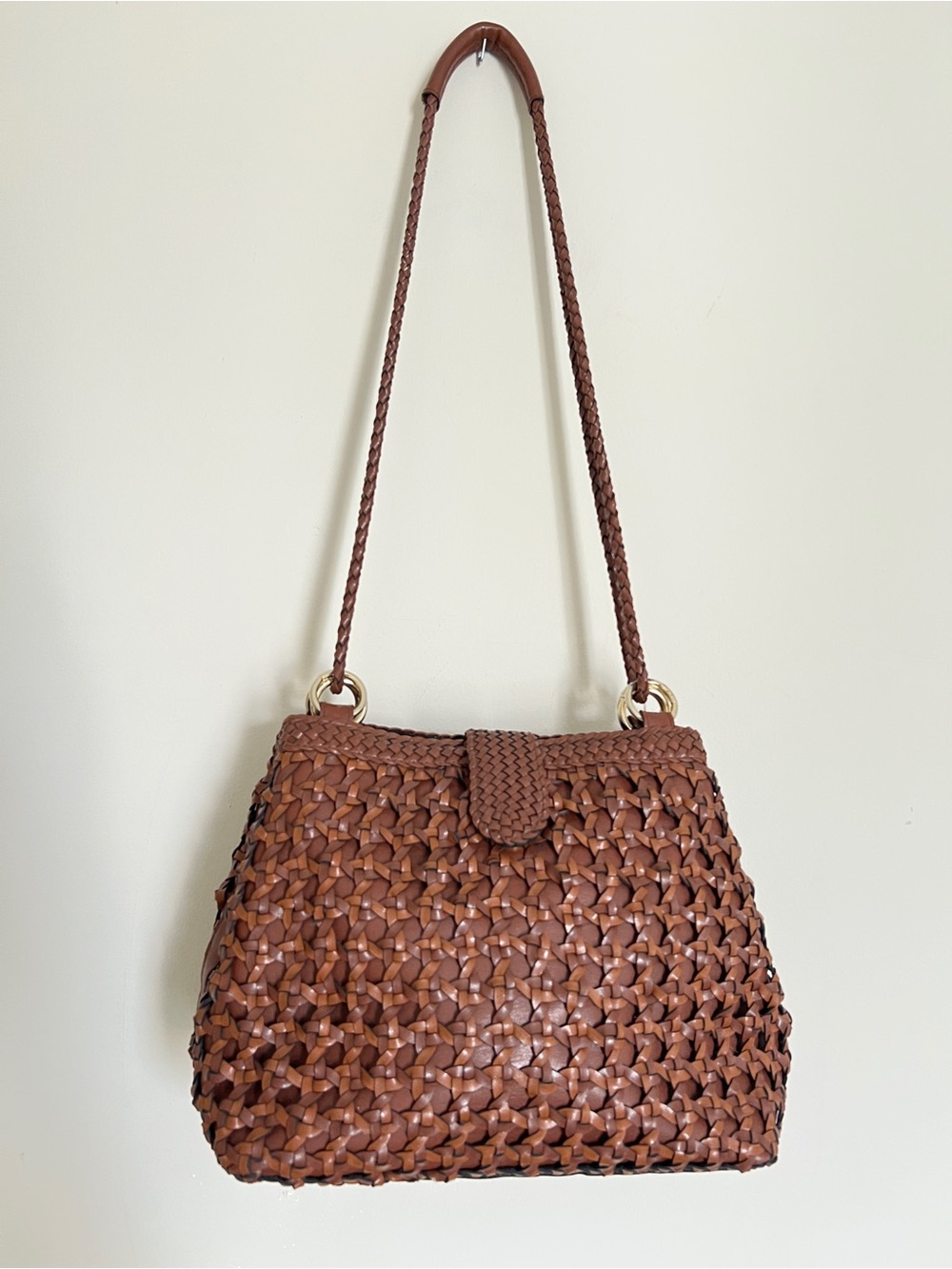 Vintage Elka Basket Weave Pattern with Braided Leather Straps Shoulder Bag